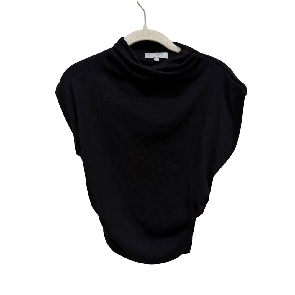 Michael Stars Black Ribbed Mock Neck Cap Sleeve Ruched Top Size M‎ Made in USA